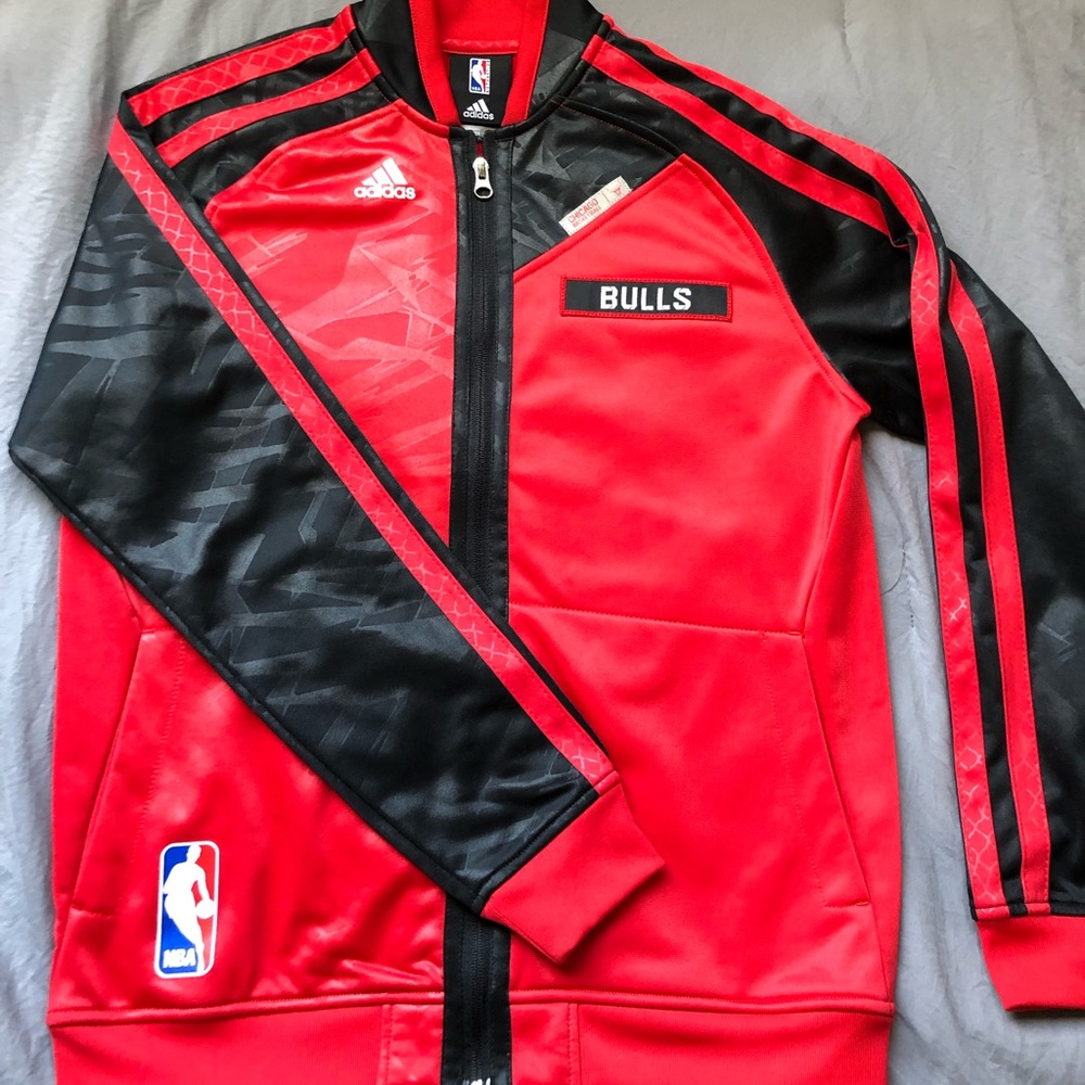 All red and black addidas bulls jacket